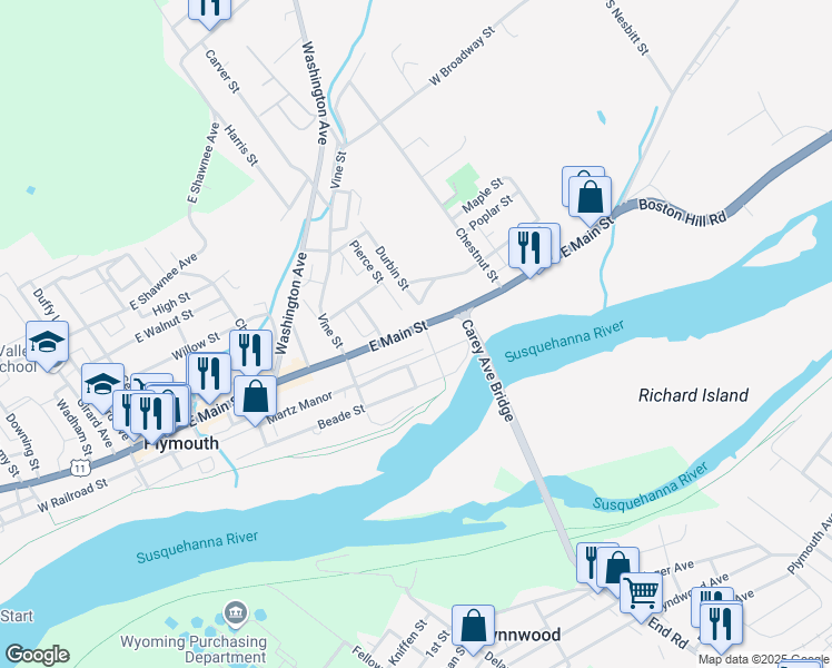 map of restaurants, bars, coffee shops, grocery stores, and more near 437 East Main Street in Plymouth