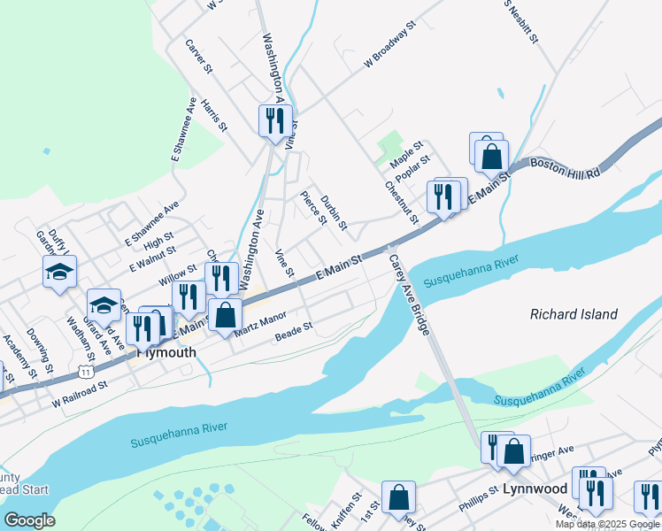 map of restaurants, bars, coffee shops, grocery stores, and more near 47 Pierce Street in Plymouth