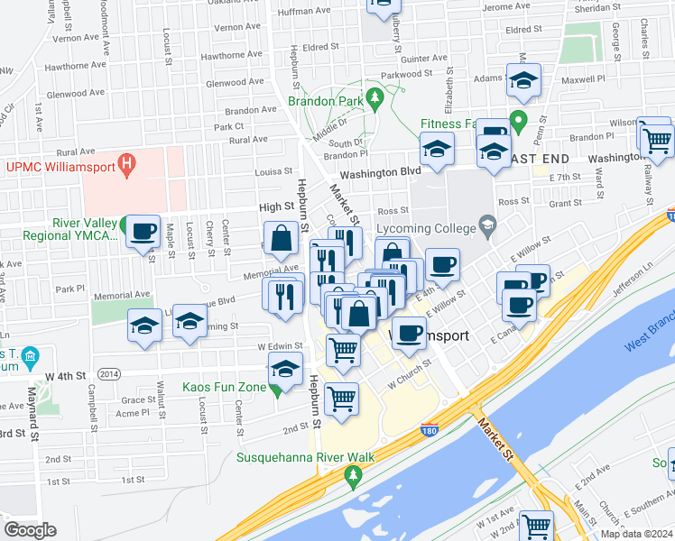 map of restaurants, bars, coffee shops, grocery stores, and more near 520 Pine Street in Williamsport