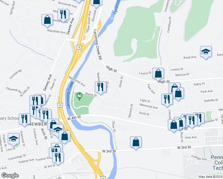 map of restaurants, bars, coffee shops, grocery stores, and more near 636 Lloyd Street in Williamsport