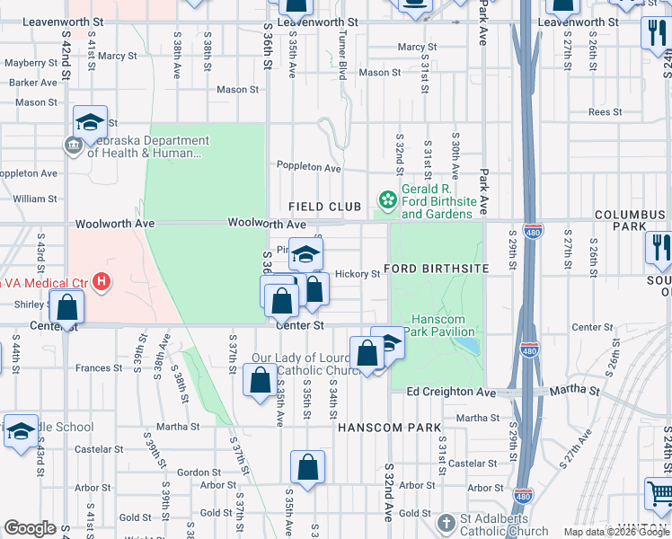 map of restaurants, bars, coffee shops, grocery stores, and more near 3313 Pine Street in Omaha