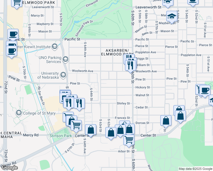 map of restaurants, bars, coffee shops, grocery stores, and more near 6265 Pine Street in Omaha