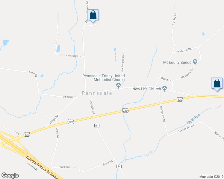 map of restaurants, bars, coffee shops, grocery stores, and more near 615 Village Road in Muncy