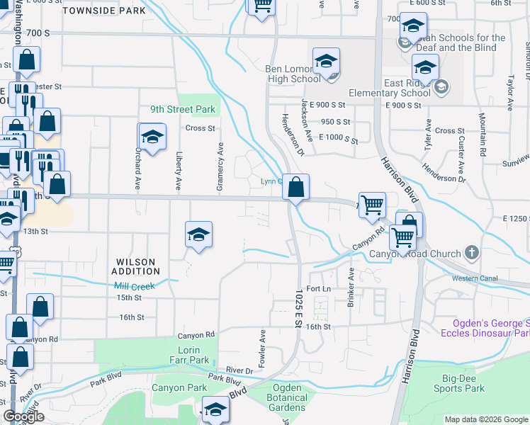 map of restaurants, bars, coffee shops, grocery stores, and more near 935 East 1250 South in Ogden