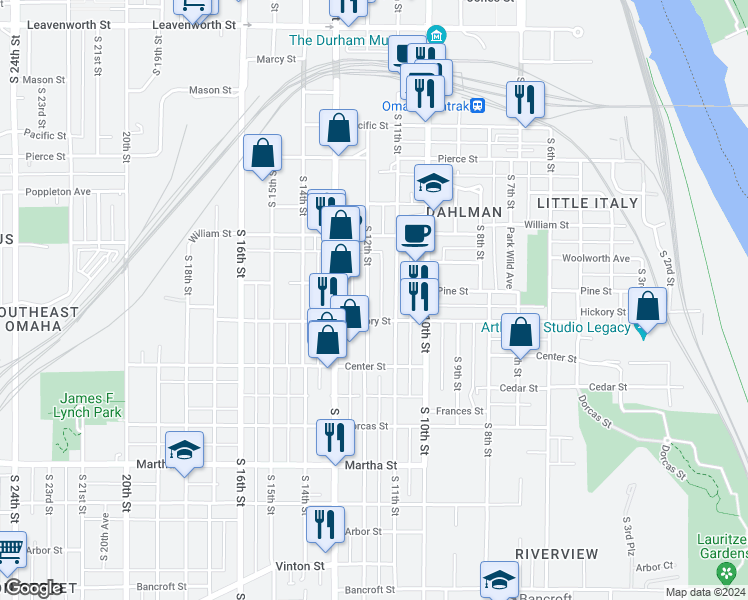 map of restaurants, bars, coffee shops, grocery stores, and more near 1451 South 12th Street in Omaha