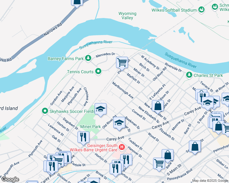 map of restaurants, bars, coffee shops, grocery stores, and more near 90 Marlboro Ave in Wilkes-Barre