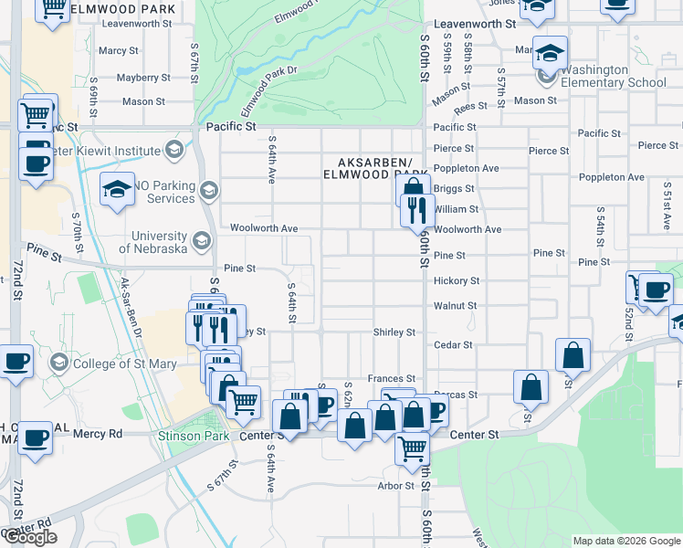 map of restaurants, bars, coffee shops, grocery stores, and more near 6265 Pine Street in Omaha