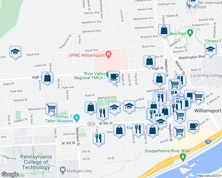 map of restaurants, bars, coffee shops, grocery stores, and more near 626 Spruce Street in Williamsport
