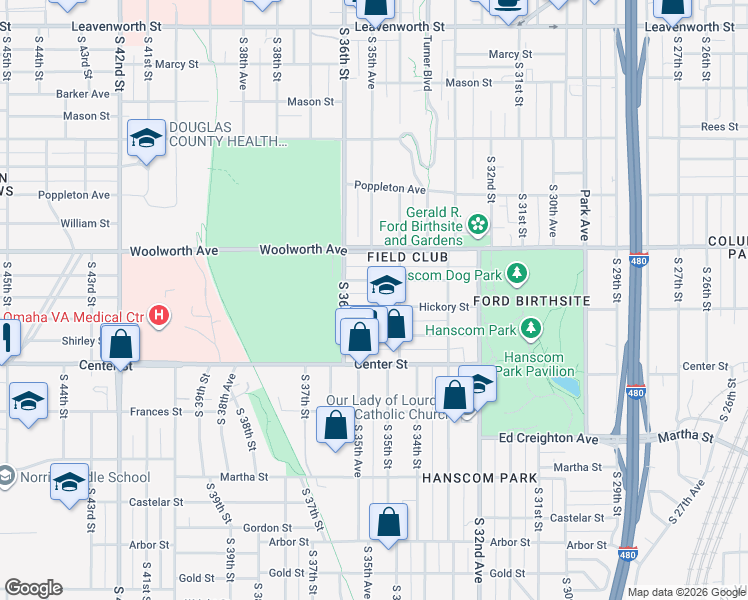 map of restaurants, bars, coffee shops, grocery stores, and more near 3524 Hickory Street in Omaha