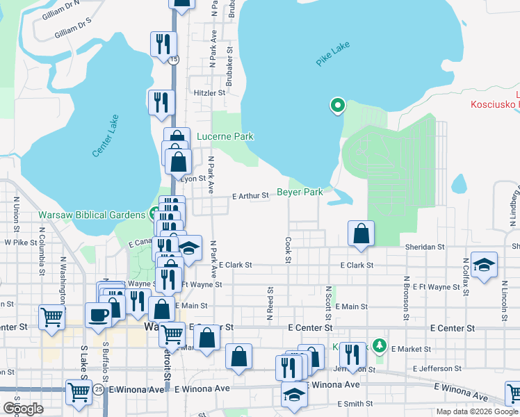 map of restaurants, bars, coffee shops, grocery stores, and more near 750 East Arthur Street in Warsaw