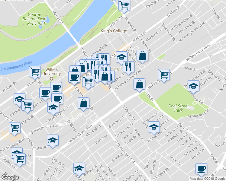 map of restaurants, bars, coffee shops, grocery stores, and more near 0 North Pennsylvania Avenue in Wilkes-Barre
