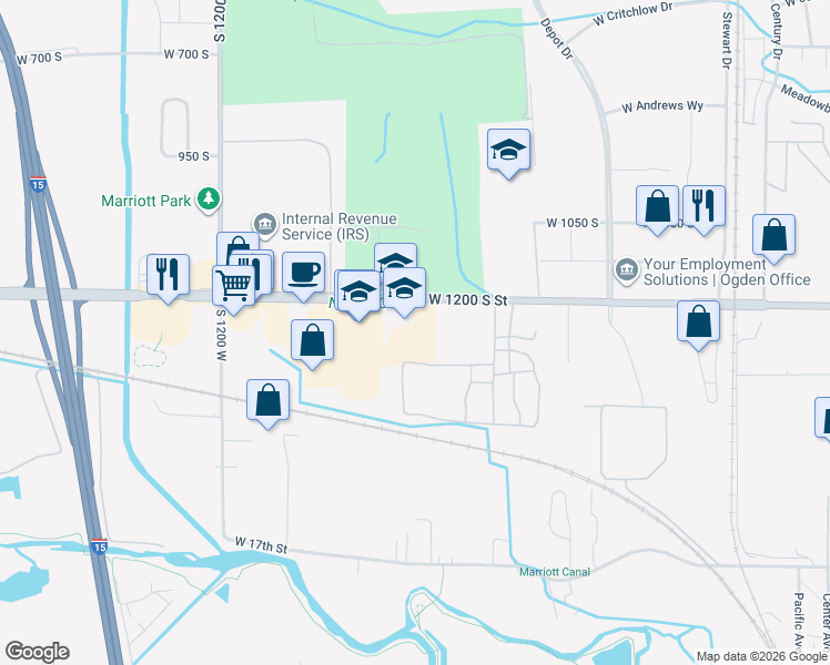 map of restaurants, bars, coffee shops, grocery stores, and more near 955 West 12th Street in Ogden