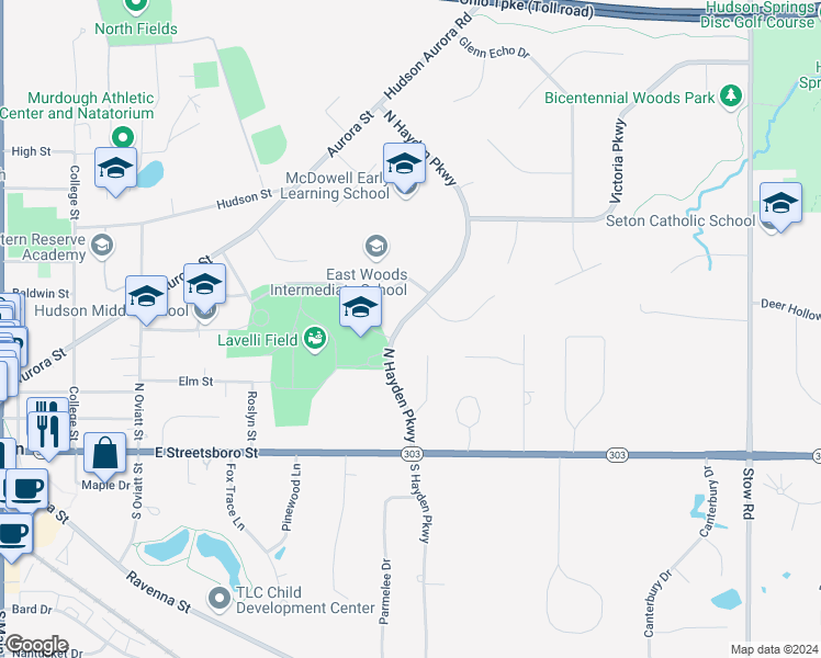 map of restaurants, bars, coffee shops, grocery stores, and more near 86 North Hayden Parkway in Hudson