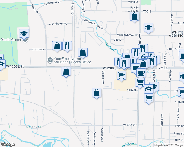 map of restaurants, bars, coffee shops, grocery stores, and more near 407 West 12th Street in Ogden