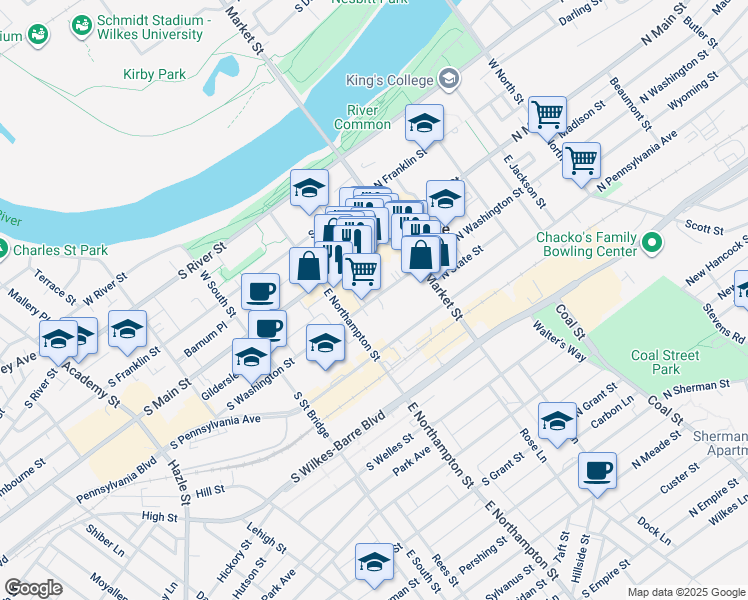 map of restaurants, bars, coffee shops, grocery stores, and more near 71 Public Square in Wilkes-Barre