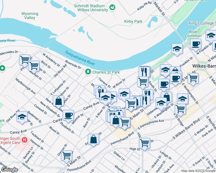 map of restaurants, bars, coffee shops, grocery stores, and more near 28-30 Sheldon Street in Wilkes-Barre
