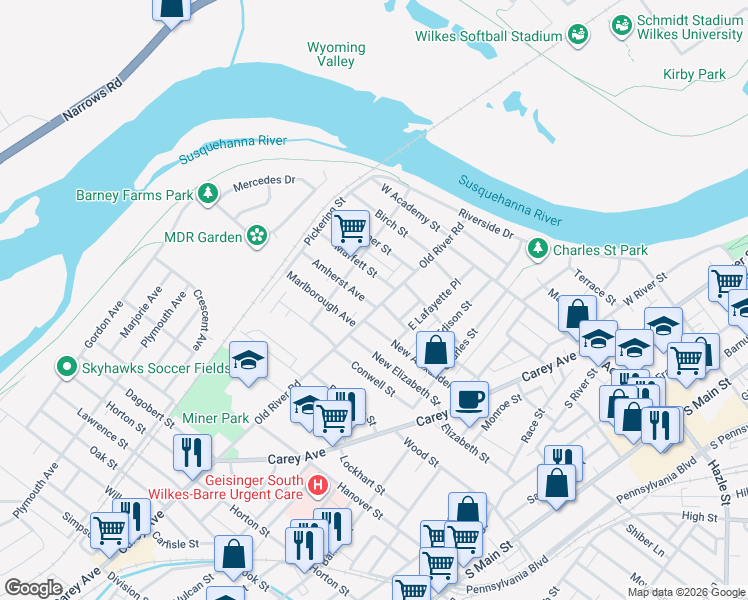 map of restaurants, bars, coffee shops, grocery stores, and more near 137 Old River Rd in Wilkes-Barre