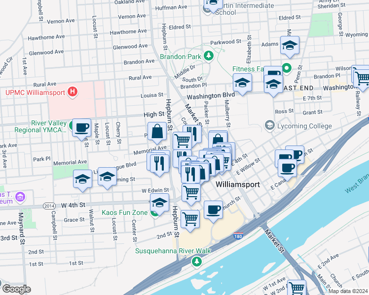 map of restaurants, bars, coffee shops, grocery stores, and more near 520 Pine Street in Williamsport