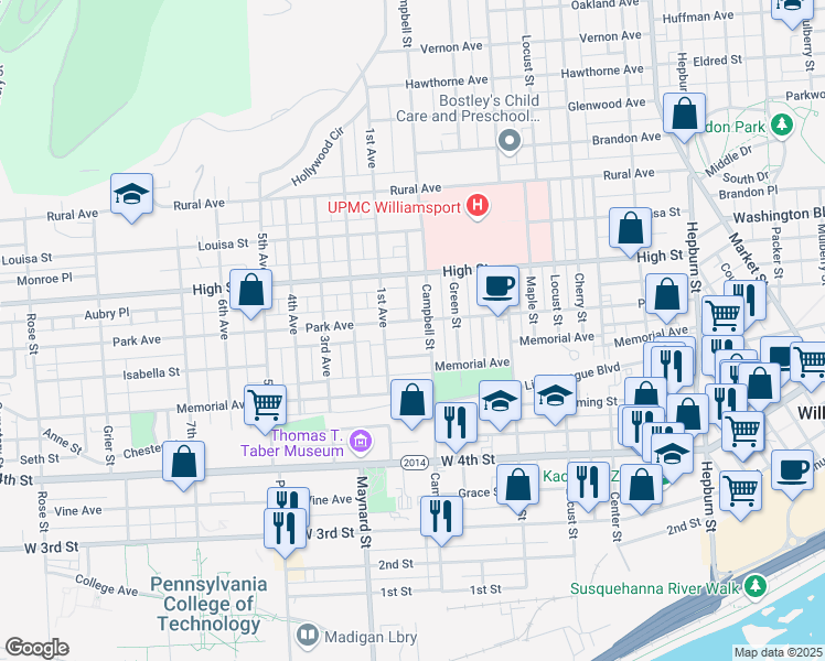 map of restaurants, bars, coffee shops, grocery stores, and more near in Williamsport