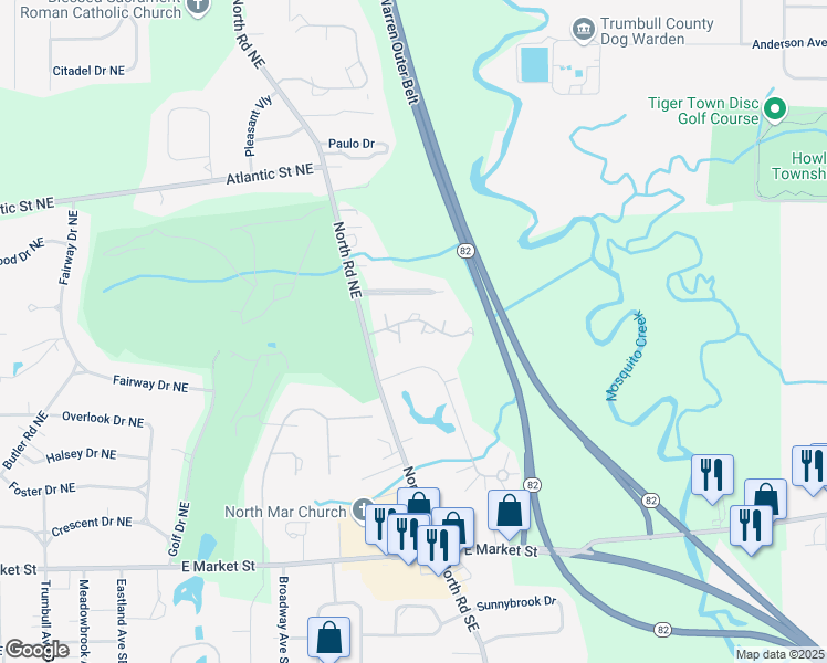 map of restaurants, bars, coffee shops, grocery stores, and more near 3840 Northwoods Court Northeast in Warren