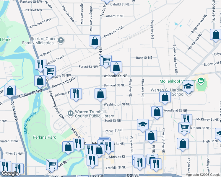 map of restaurants, bars, coffee shops, grocery stores, and more near 161 Belmont Avenue Northeast in Warren