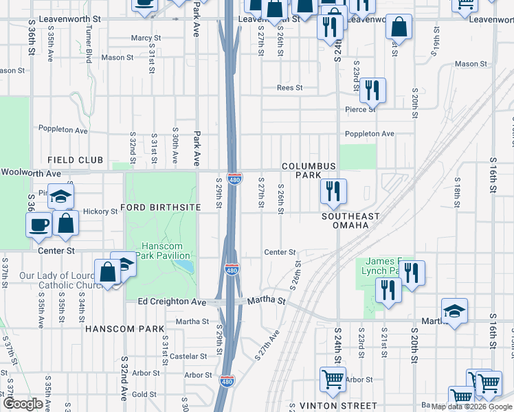 map of restaurants, bars, coffee shops, grocery stores, and more near 1618 North 27th Street in Omaha