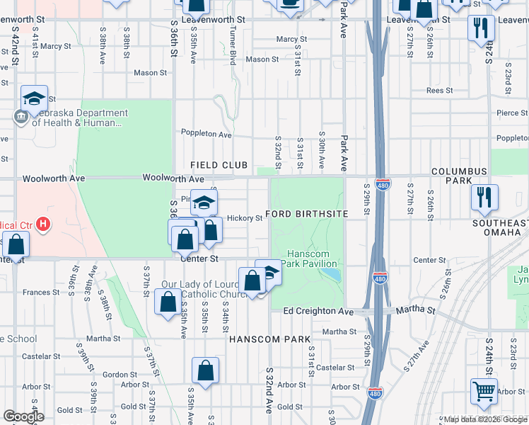 map of restaurants, bars, coffee shops, grocery stores, and more near 1608 South 32nd Avenue in Omaha
