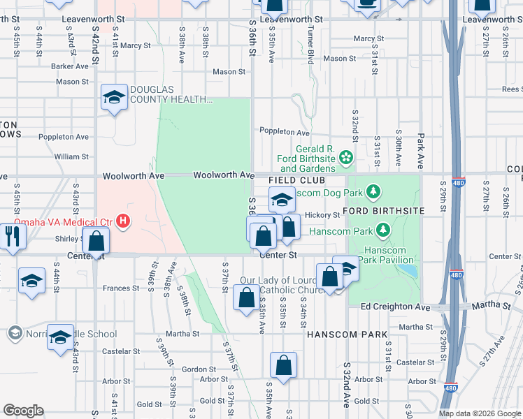 map of restaurants, bars, coffee shops, grocery stores, and more near 3533 Pine Street in Omaha