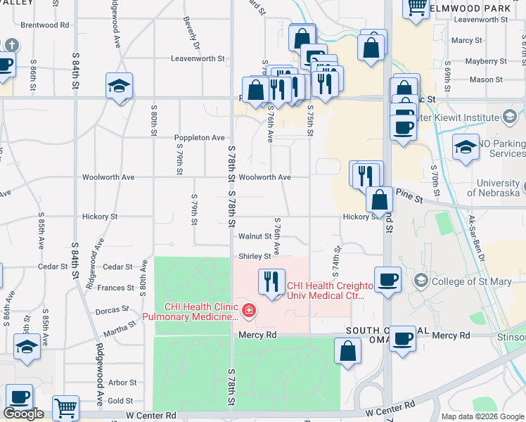 map of restaurants, bars, coffee shops, grocery stores, and more near 7701 Pine Circle in Omaha