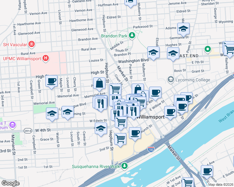 map of restaurants, bars, coffee shops, grocery stores, and more near 520 Pine Street in Williamsport