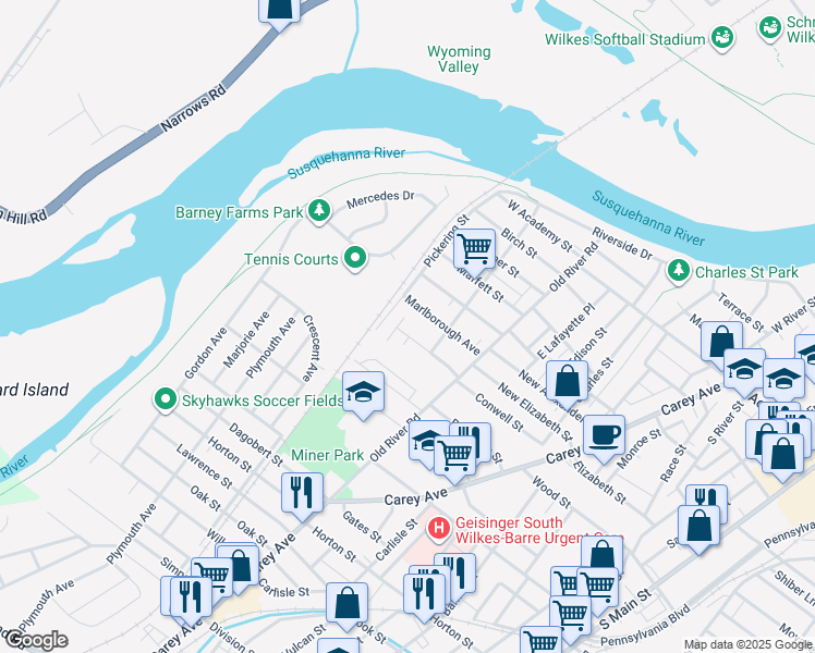 map of restaurants, bars, coffee shops, grocery stores, and more near 90 Marlboro Ave in Wilkes-Barre
