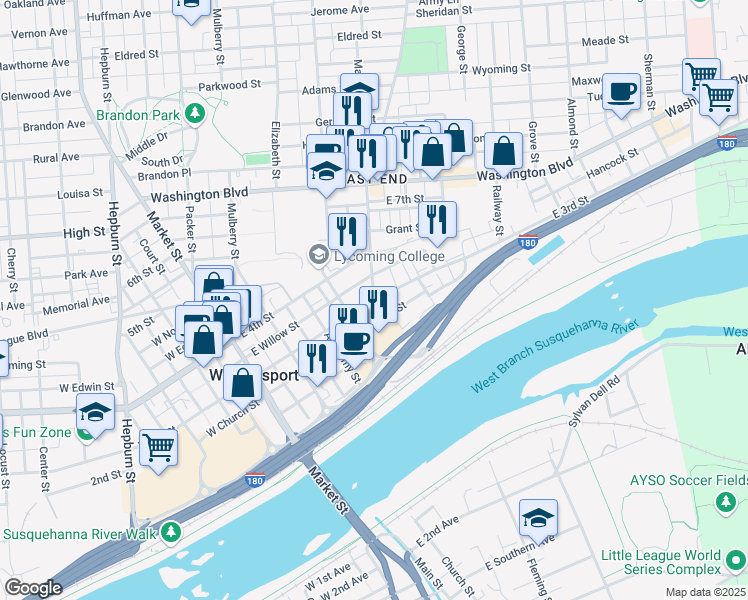 map of restaurants, bars, coffee shops, grocery stores, and more near 399 East 3rd Street in Williamsport