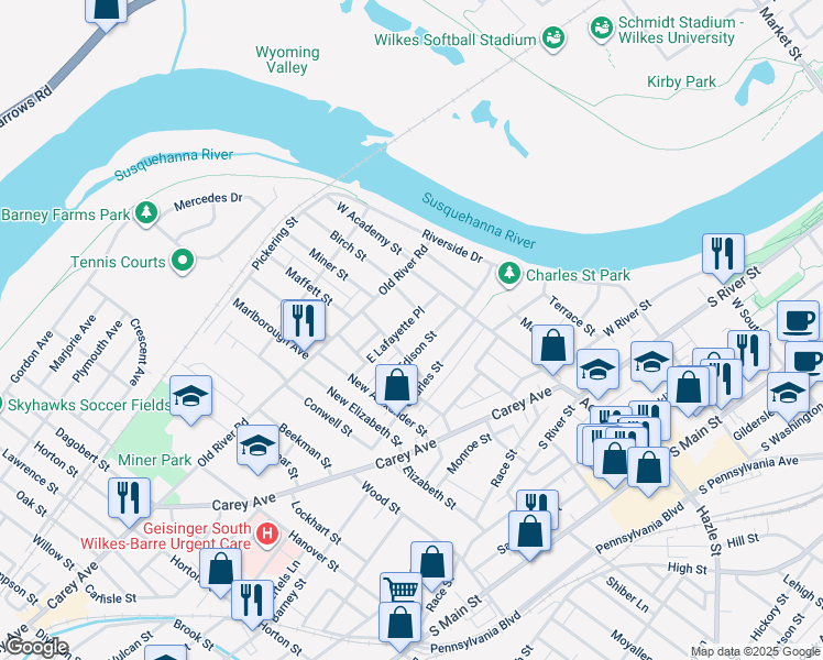 map of restaurants, bars, coffee shops, grocery stores, and more near 50 East Lafayette Place in Wilkes-Barre