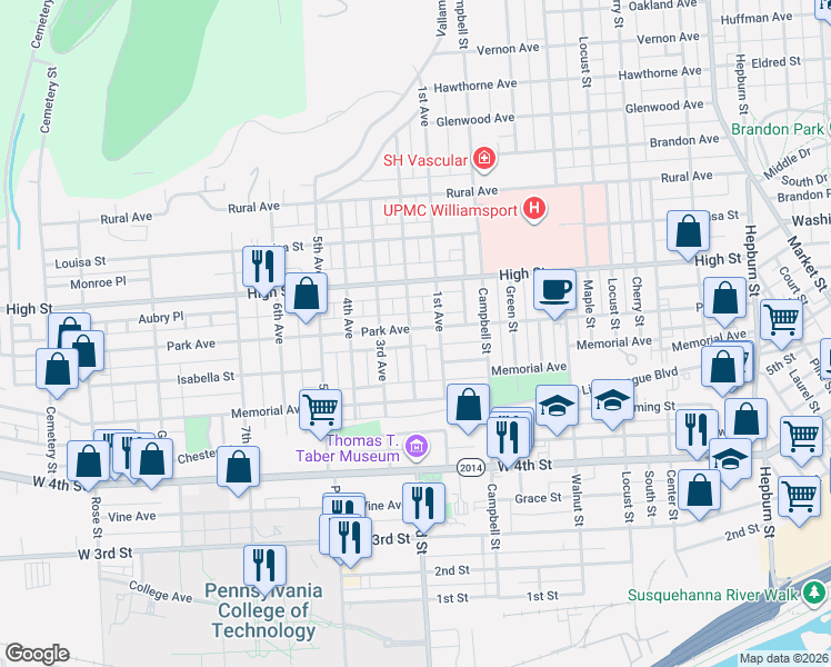 map of restaurants, bars, coffee shops, grocery stores, and more near in Williamsport