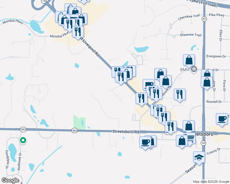 map of restaurants, bars, coffee shops, grocery stores, and more near 9268 Chestnut Court in Streetsboro