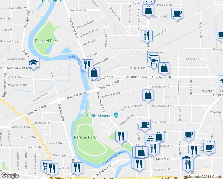 map of restaurants, bars, coffee shops, grocery stores, and more near 838 Prospect Avenue Northwest in Warren