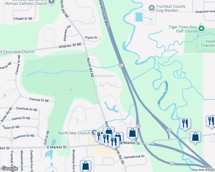 map of restaurants, bars, coffee shops, grocery stores, and more near 3840 Northwoods Court Northeast in Warren