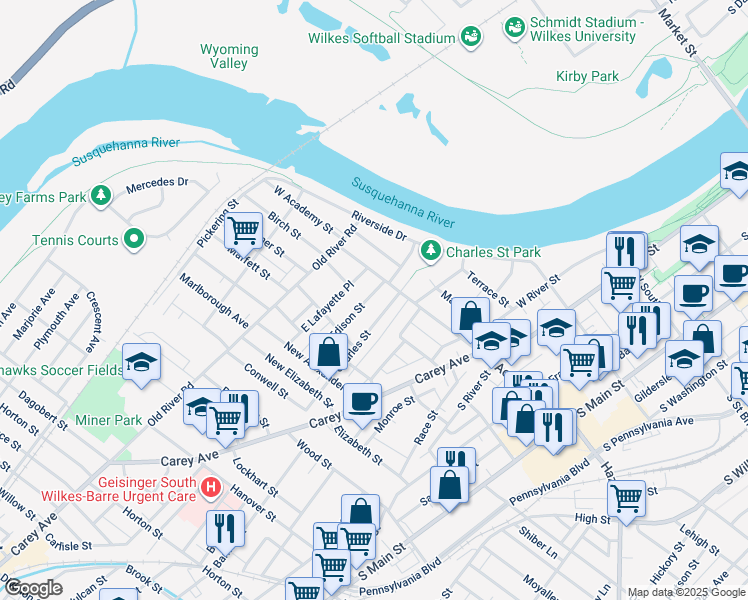 map of restaurants, bars, coffee shops, grocery stores, and more near 24 Edison Street in Wilkes-Barre