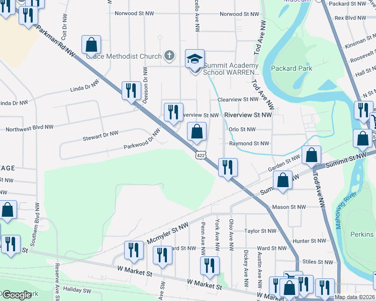 map of restaurants, bars, coffee shops, grocery stores, and more near 1525 Parkman Road Northwest in Warren