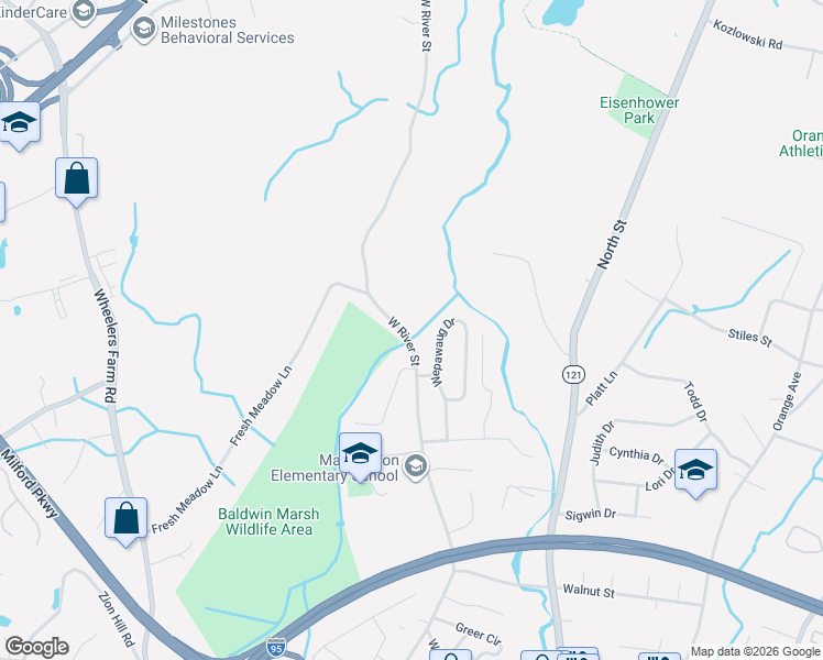 map of restaurants, bars, coffee shops, grocery stores, and more near 593 West River Street in Milford