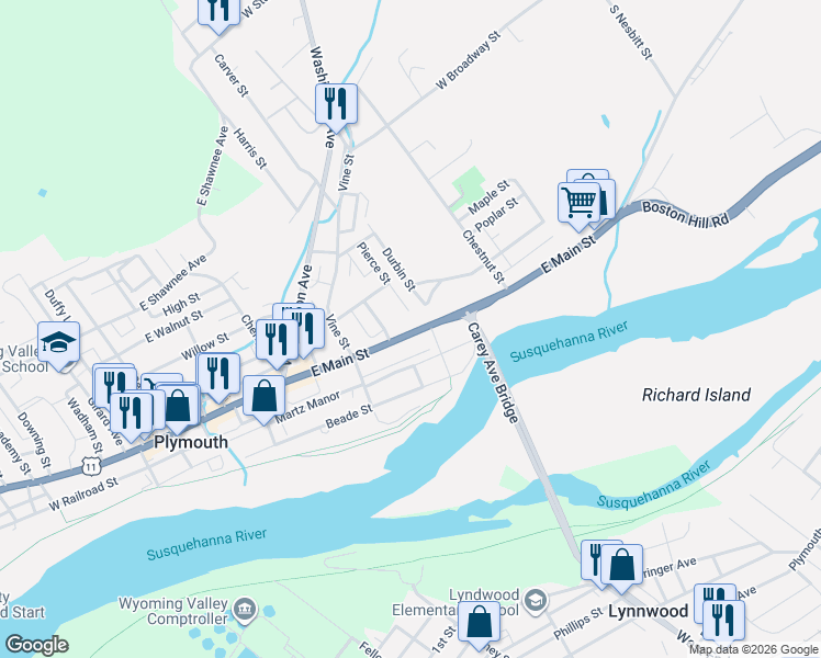 map of restaurants, bars, coffee shops, grocery stores, and more near 437 East Main Street in Plymouth