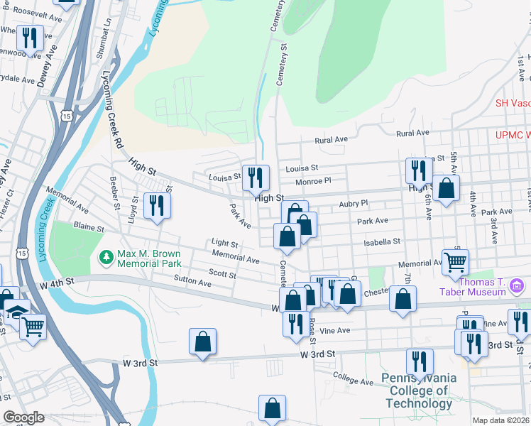 map of restaurants, bars, coffee shops, grocery stores, and more near in Williamsport