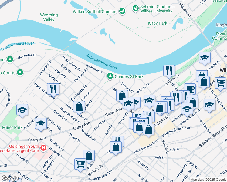 map of restaurants, bars, coffee shops, grocery stores, and more near 38 Stanley Street in Wilkes-Barre Township