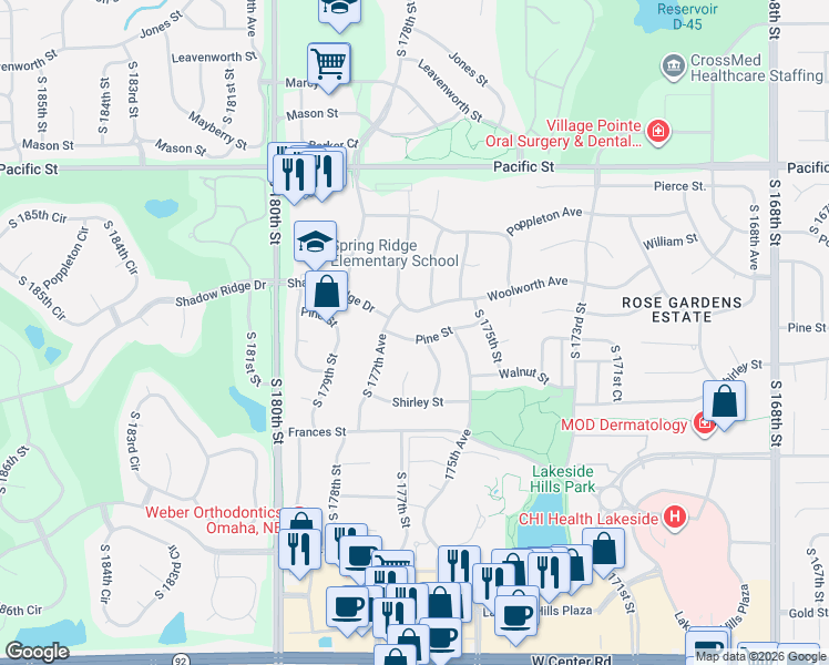 map of restaurants, bars, coffee shops, grocery stores, and more near 17617 Woolworth Avenue in Omaha