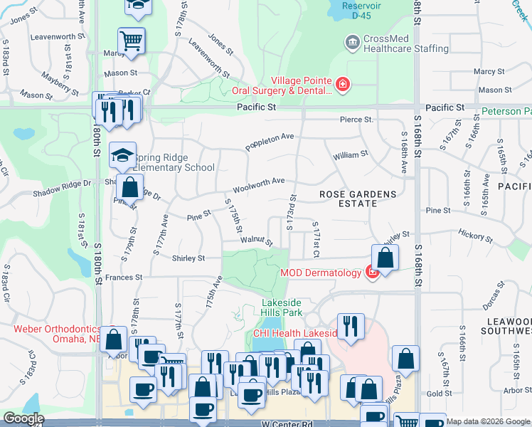 map of restaurants, bars, coffee shops, grocery stores, and more near 17337 Pine Circle in Omaha