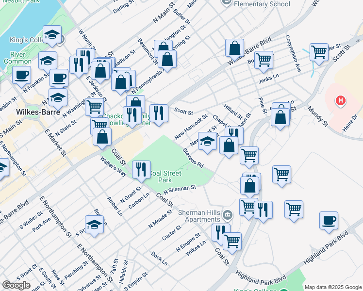 map of restaurants, bars, coffee shops, grocery stores, and more near 243 Weston Lane in Wilkes-Barre