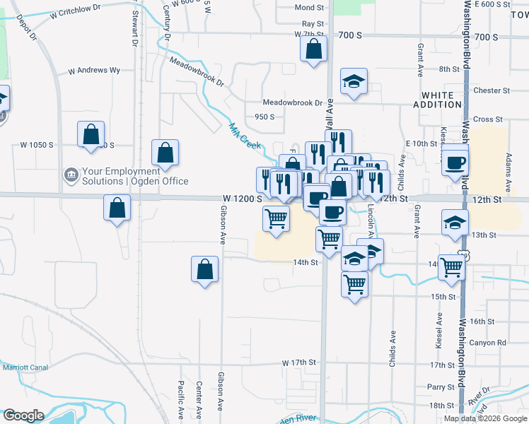 map of restaurants, bars, coffee shops, grocery stores, and more near 251 West 12th Street in Ogden