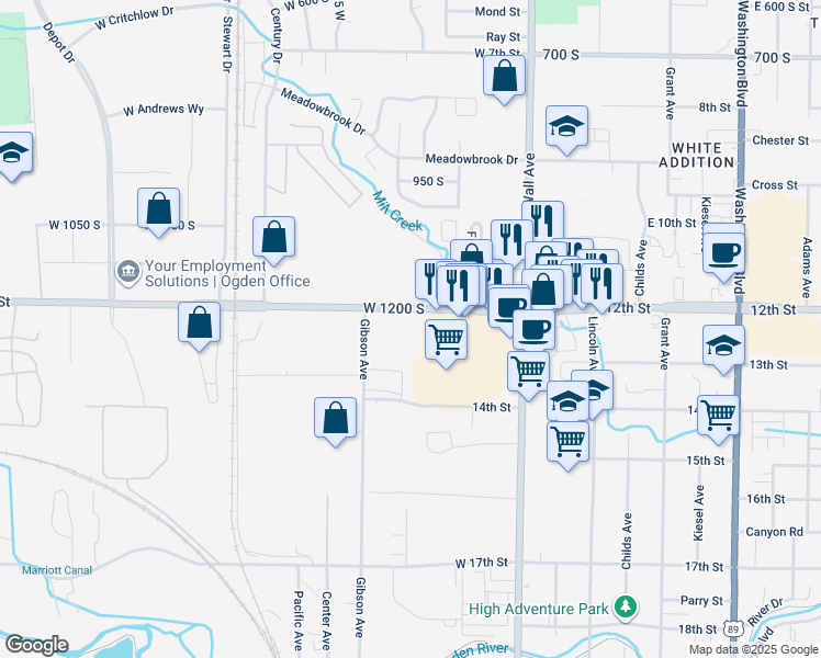 map of restaurants, bars, coffee shops, grocery stores, and more near 251 West 12th Street in Ogden