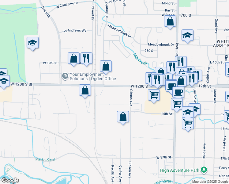 map of restaurants, bars, coffee shops, grocery stores, and more near 407 West 12th Street in Ogden