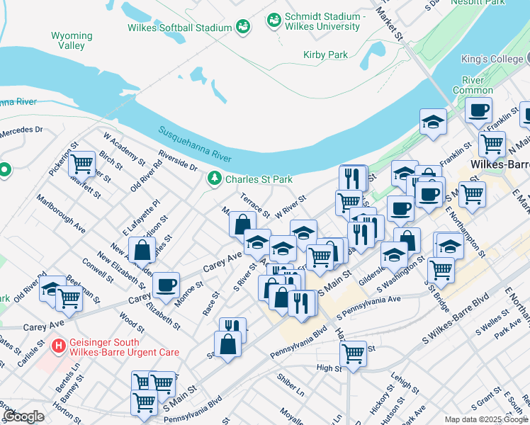 map of restaurants, bars, coffee shops, grocery stores, and more near 28-30 Sheldon Street in Wilkes-Barre